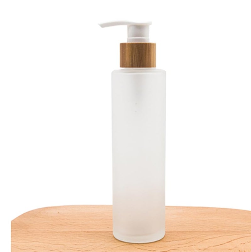 Elandy 150ML/5OZ Empty Refillable Transparent Frosted Glass Lotion Pump Bottle with Bamboo Pump Soap Dispensers Toiletries Storage Containers for Shampoo Essential Oils Shower Gel - Image 3